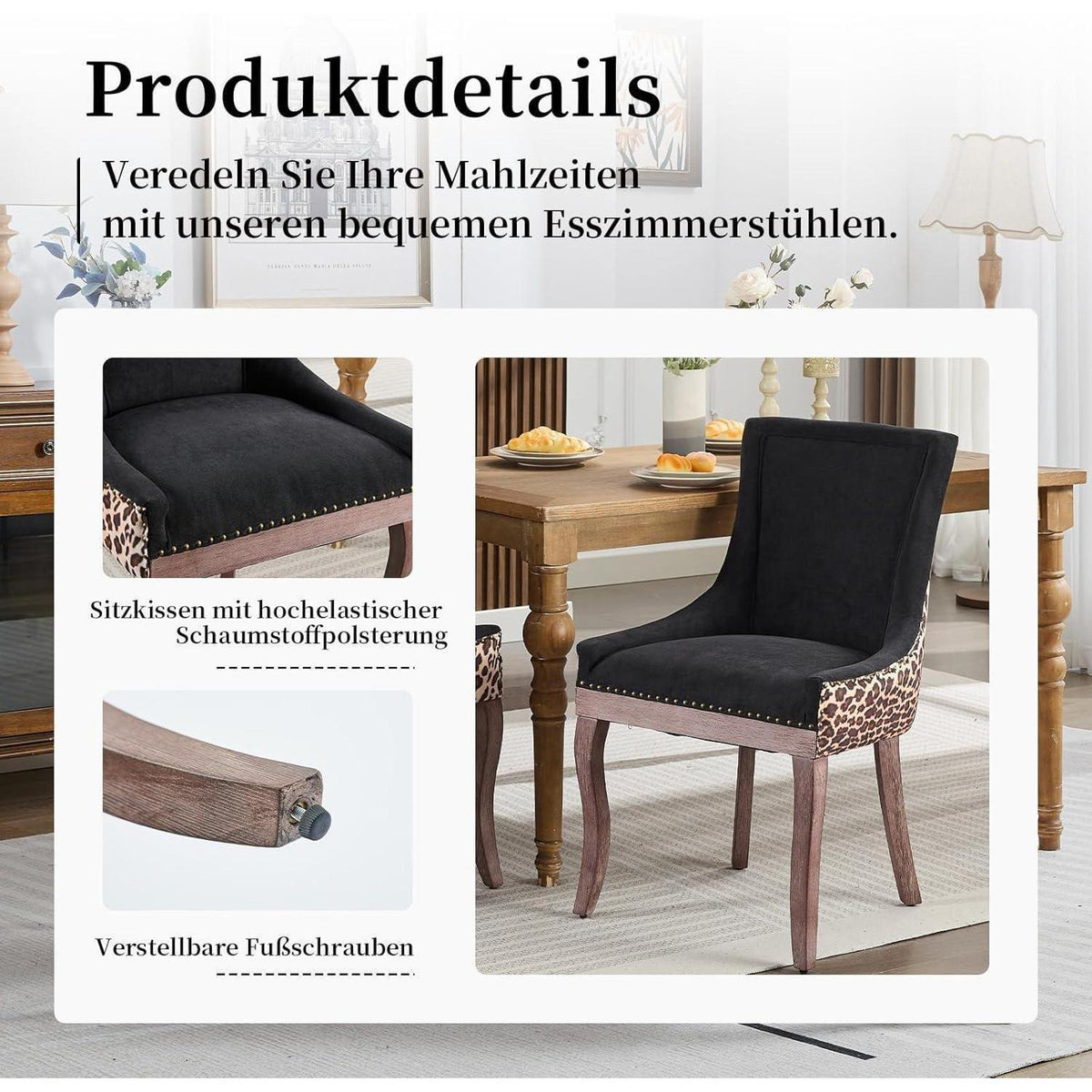 Esszimmerstuhl Set 6er – Leopardenmuster, Stoffbezug & Massivholz