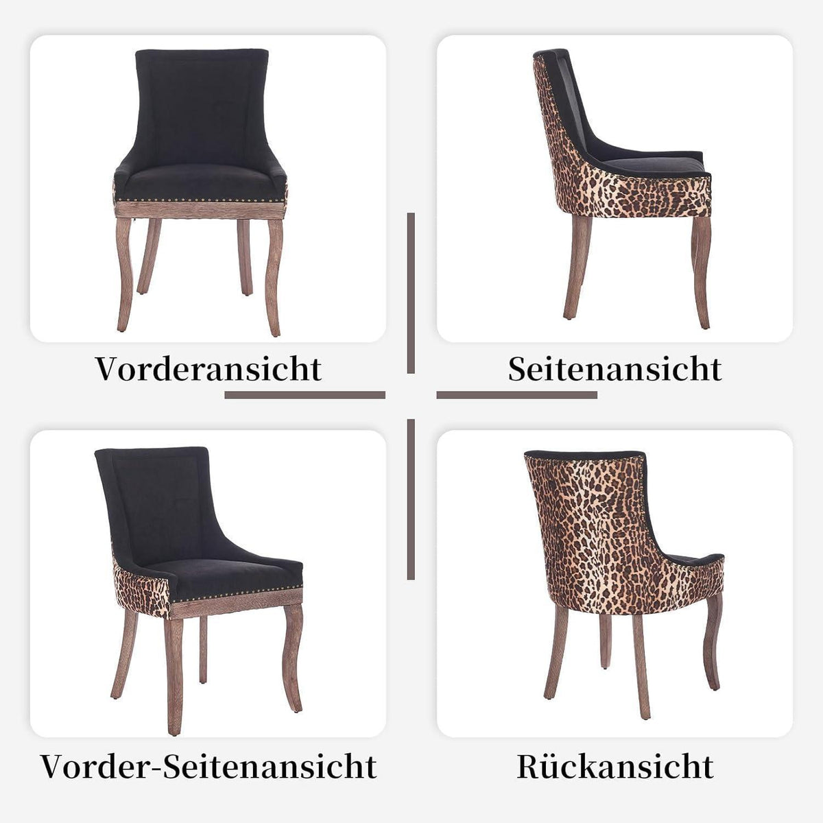 Esszimmerstuhl Set 6er – Leopardenmuster, Stoffbezug & Massivholz