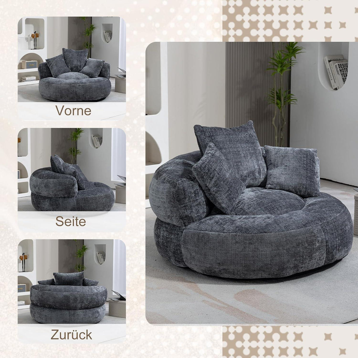 Lazy Sitzsack Sofa mit 3 Kissen – Grau