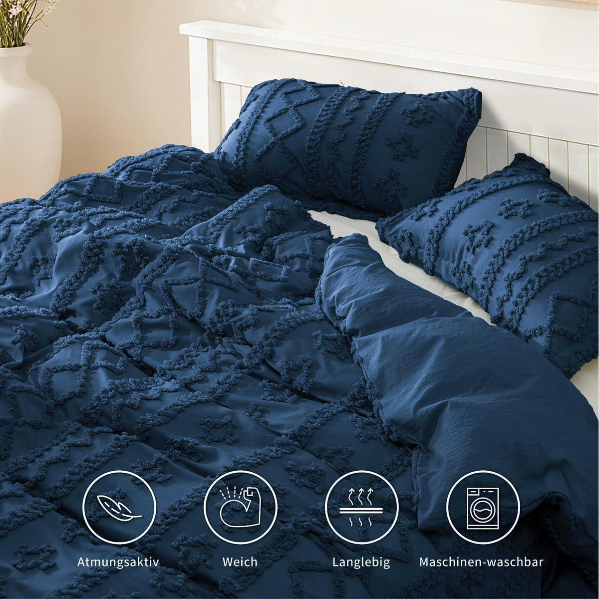 Getuftete Bettwäsche 220x240cm Blau – Boho Vintage Bettbezug Set