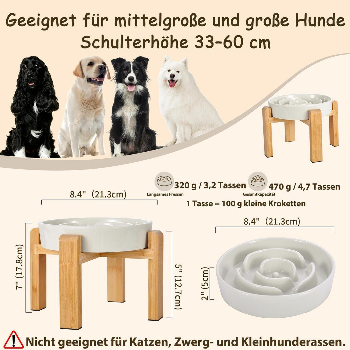 Erhöhter Keramik-Langsamfressnapf für Hunde – Milchweiß