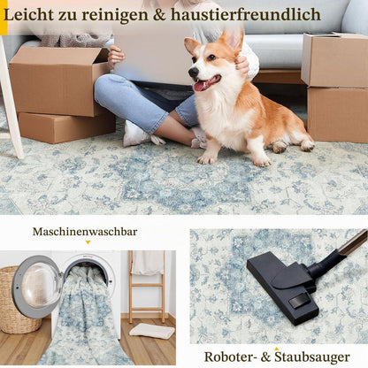 Vintage Teppich Blau 200x300cm Waschbar Rechteckig