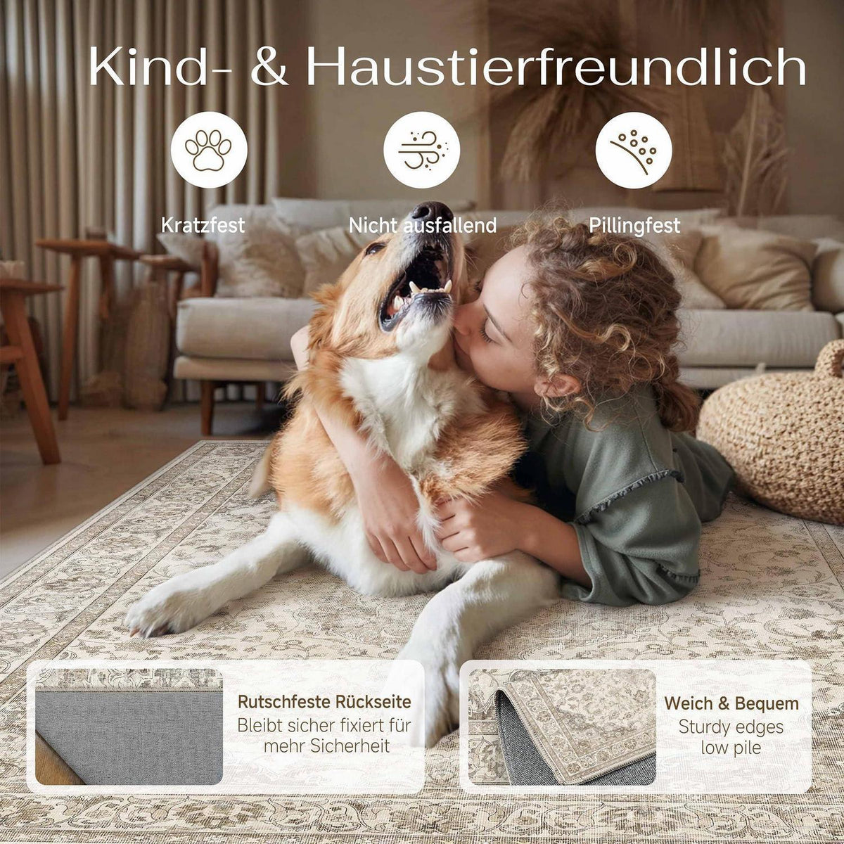 Brauner Vintage Teppich 160x230cm – Waschbar & Rutschfest