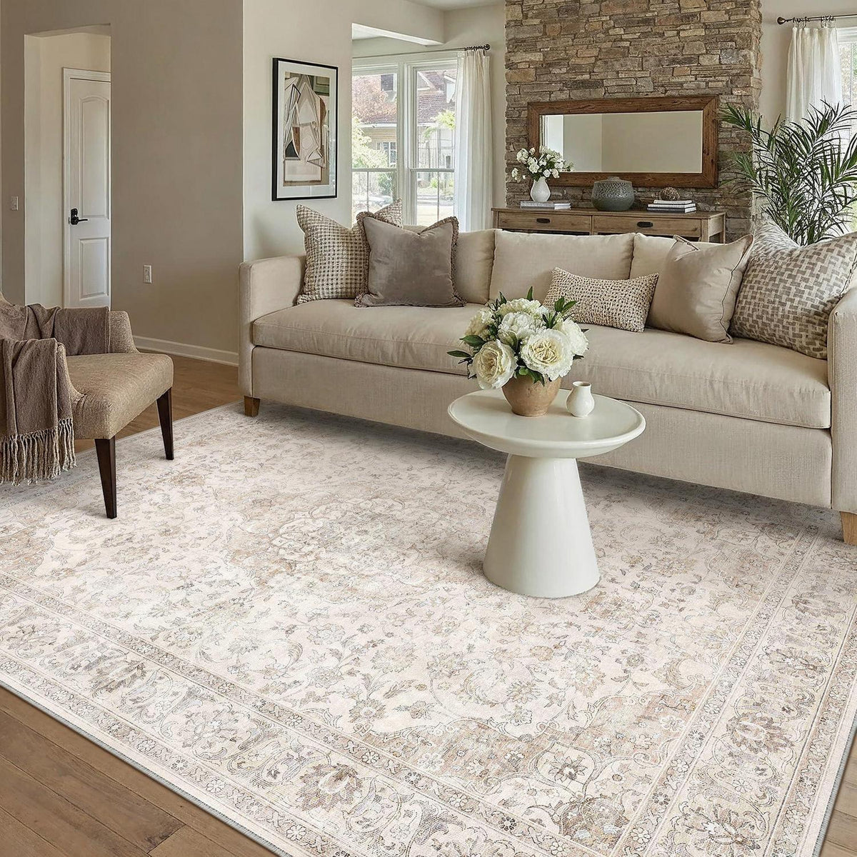 Waschbarer Beige Teppich Vintage 160x230cm – Wohnzimmer Kurzflor