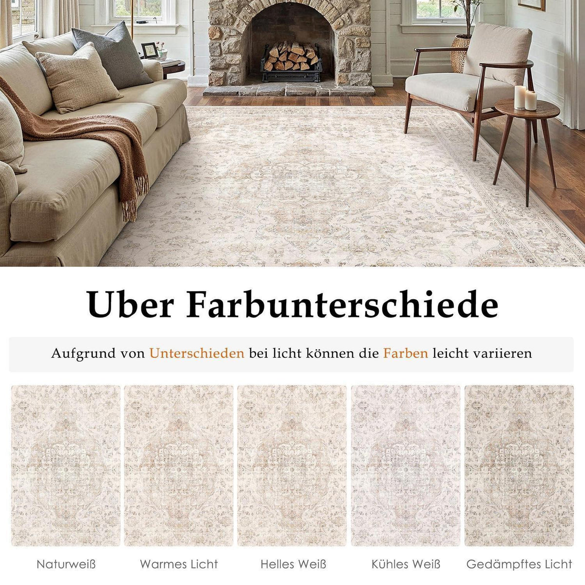 Waschbarer Beige Teppich Vintage 160x230cm – Wohnzimmer Kurzflor