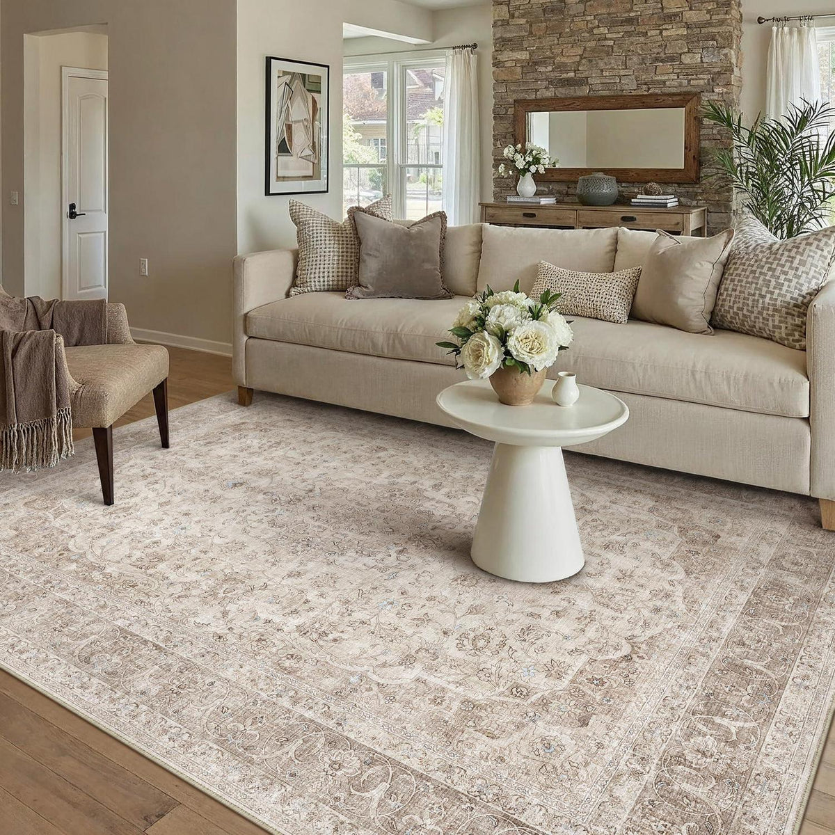Waschbarer Beige Teppich 160x230cm – Vintage Kurzflor Wohnteppich
