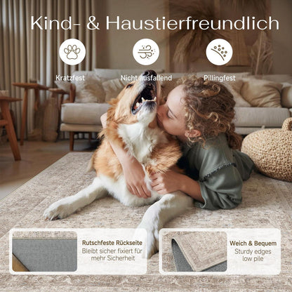 Waschbarer Beige Teppich 160x230cm – Vintage Kurzflor Wohnteppich