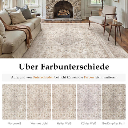 Waschbarer Beige Teppich 160x230cm – Vintage Kurzflor Wohnteppich