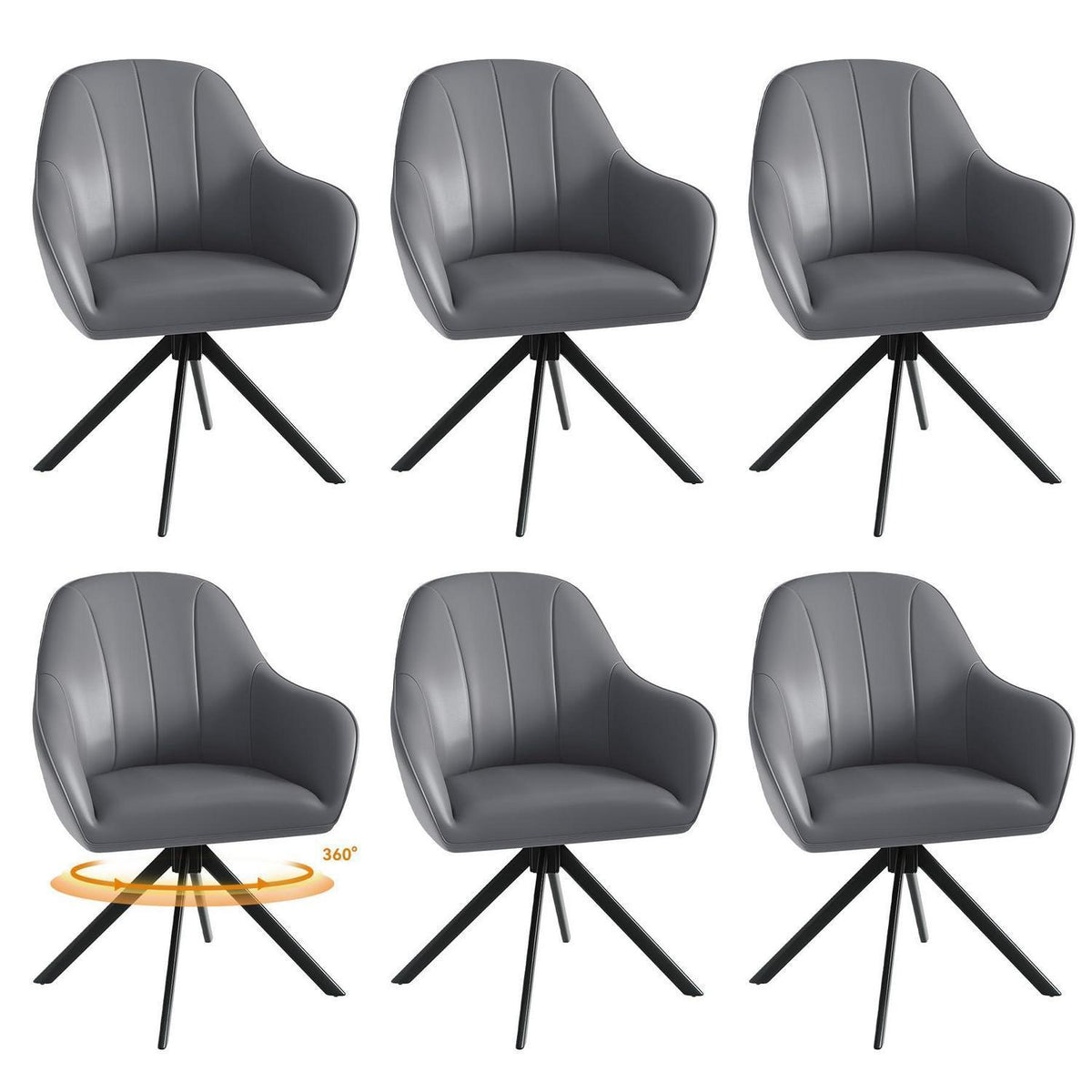 Drehbarer Esszimmerstuhl Set 6x | Grau, Kissen in Lederoptik