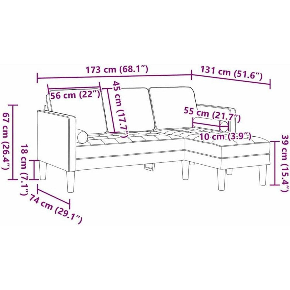 Blaues L-förmiges Ecksofa mit Stoffbezug 173x131x67cm