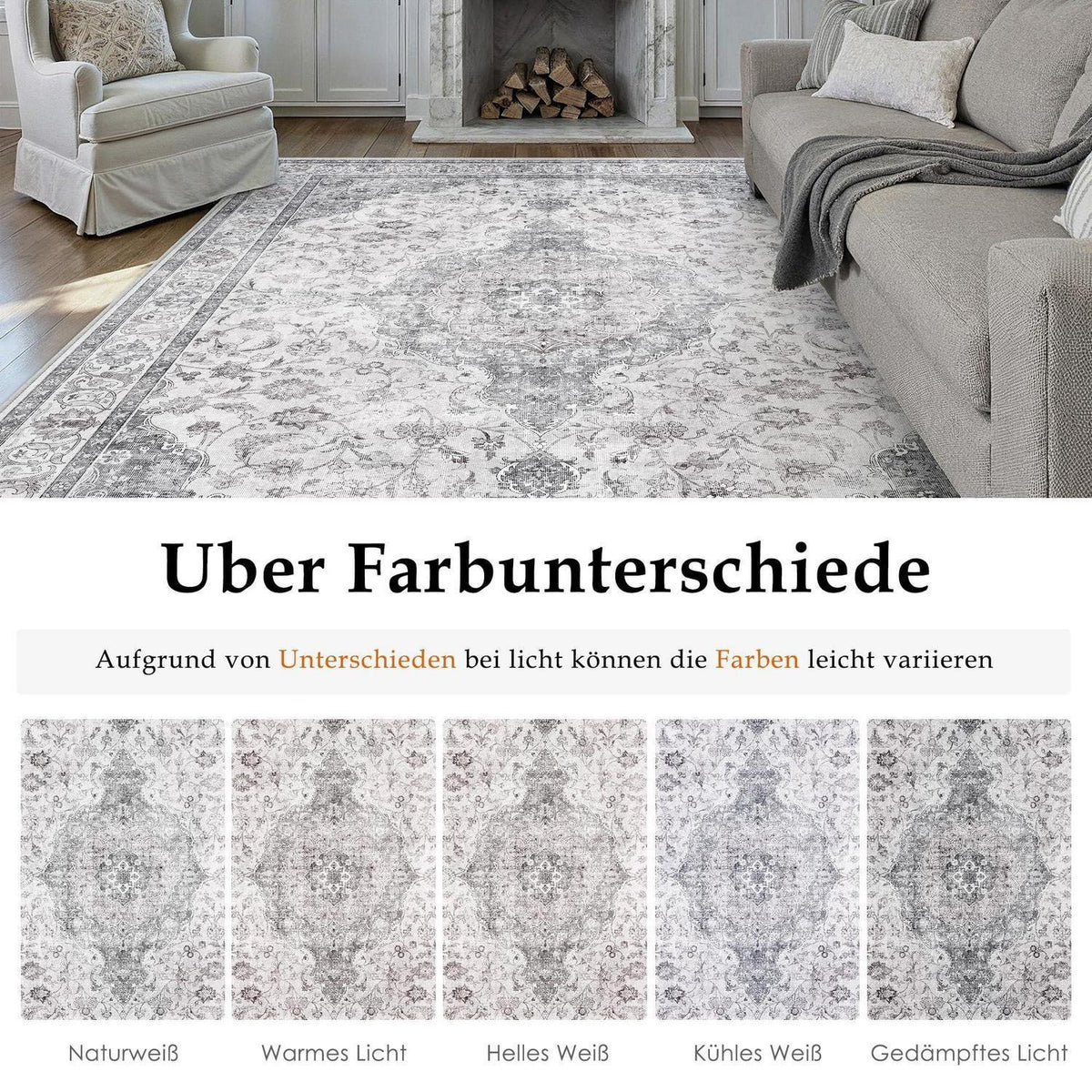 Vintage Teppich Grau 300x400cm – Waschbar & Rutschfest