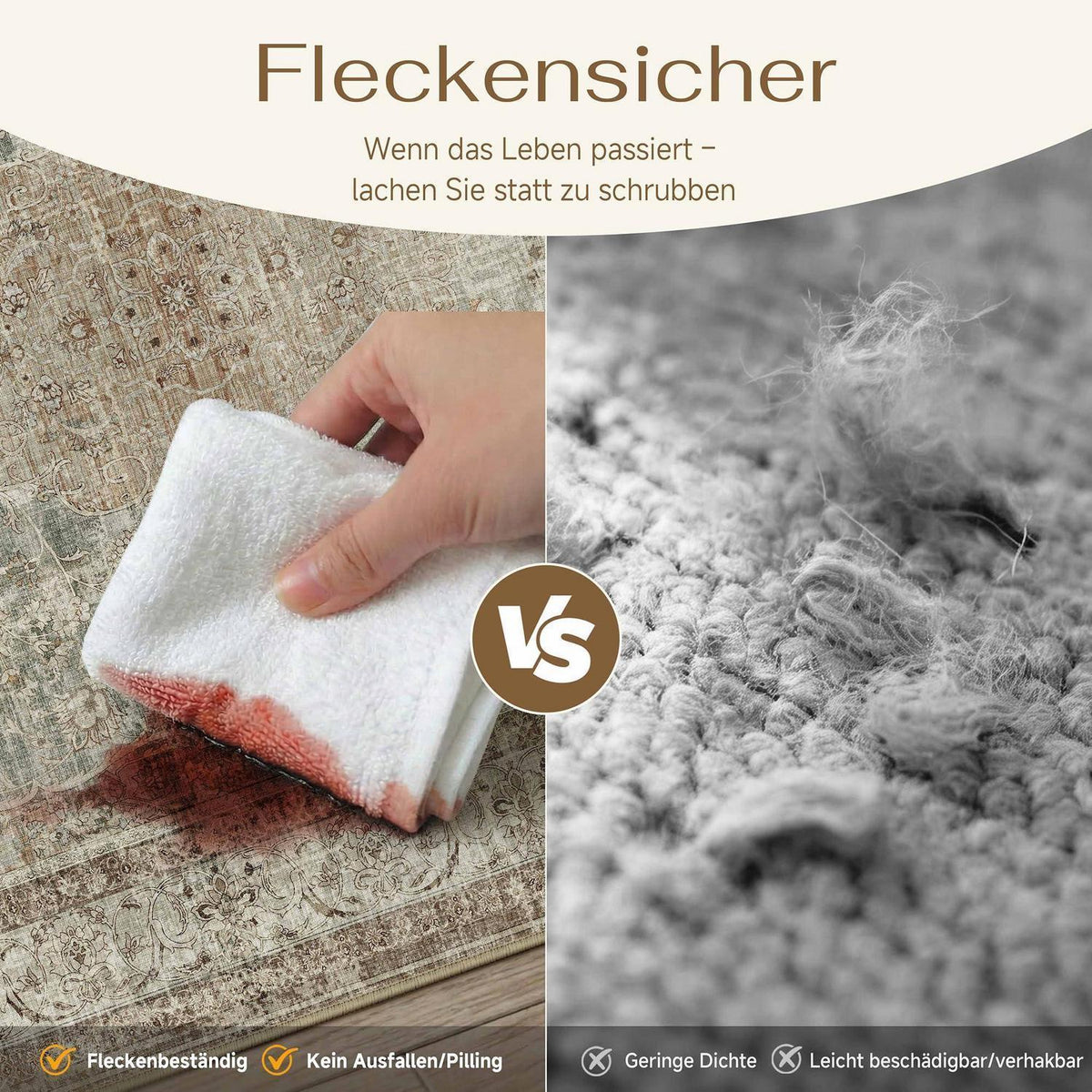 Waschbarer Teppich Grün Braun 300x400cm – Vintage Kurzflor Wohnteppich