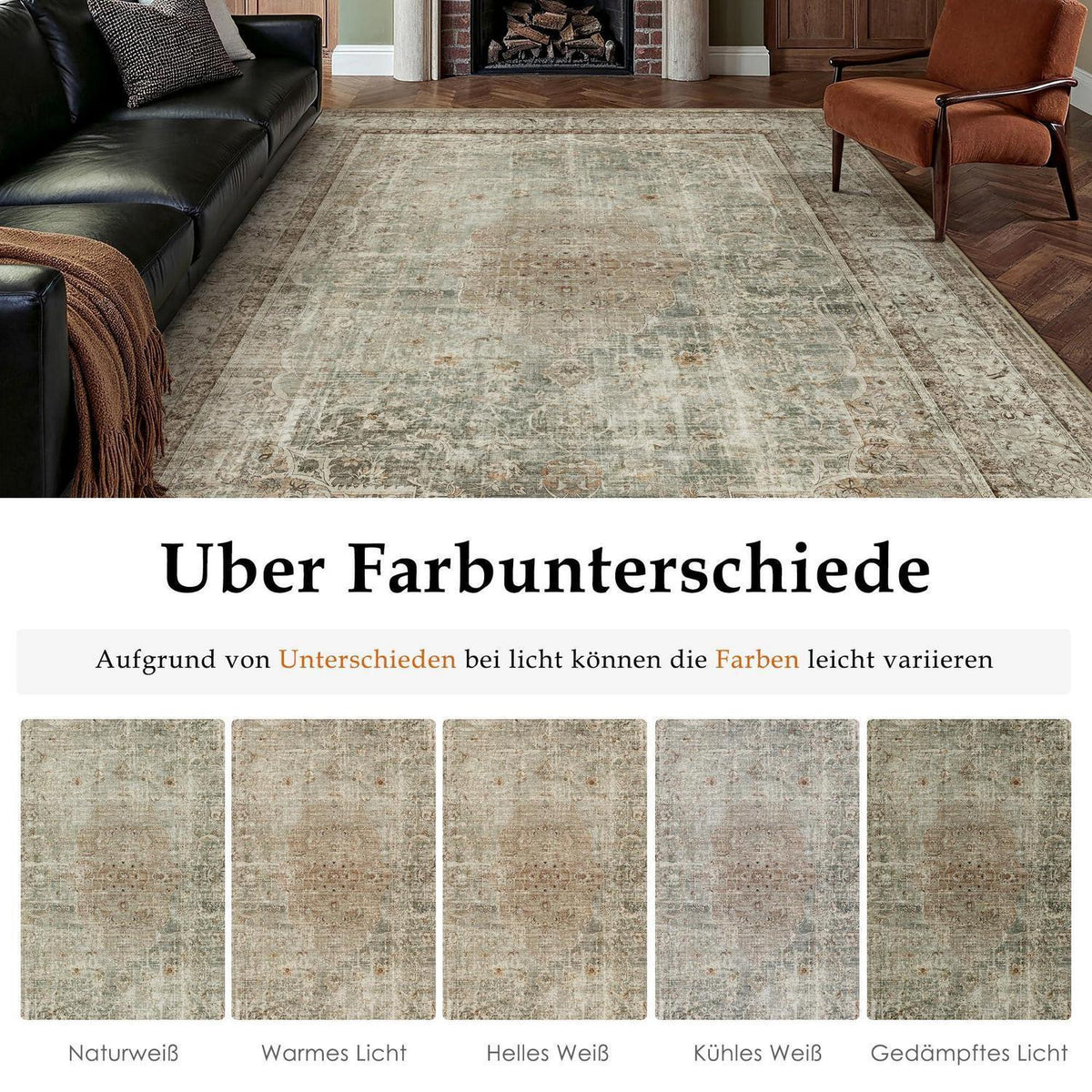 Waschbarer Teppich Grün Braun 300x400cm – Vintage Kurzflor Wohnteppich