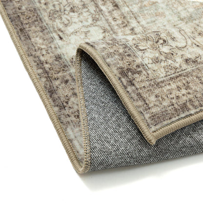 Waschbarer Teppich Grün Braun 300x400cm – Vintage Kurzflor Wohnteppich