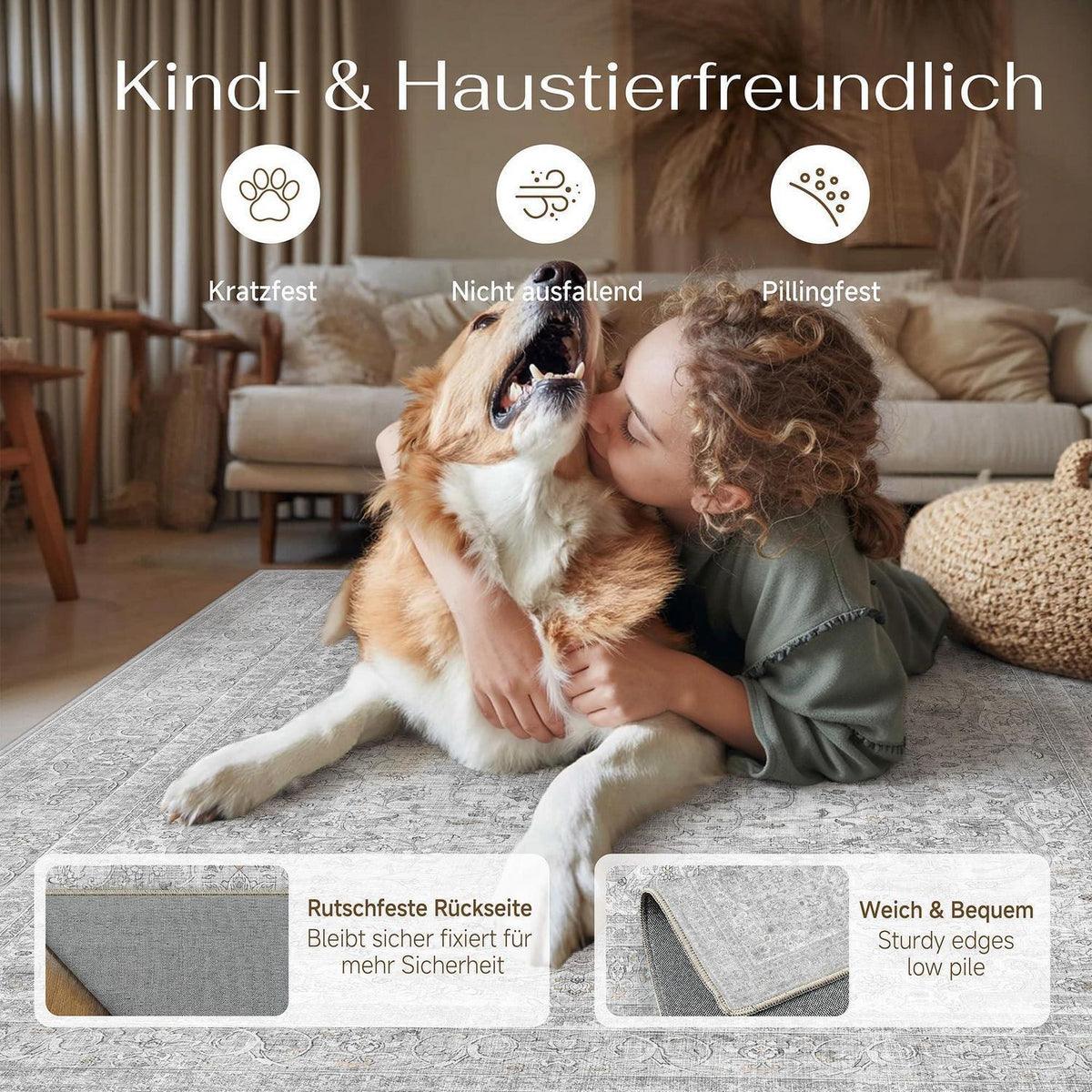 Grauer Wohnzimmerteppich 300x400cm – Waschbar & Vintage Kurzflor