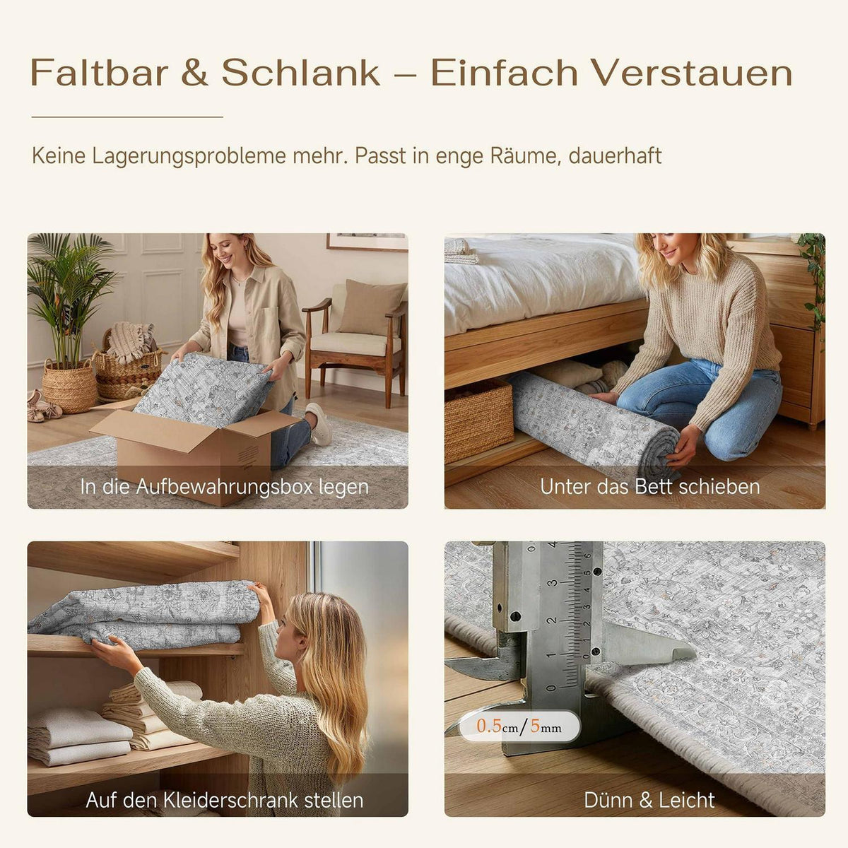 Grauer Wohnzimmerteppich 300x400cm – Waschbar & Vintage Kurzflor