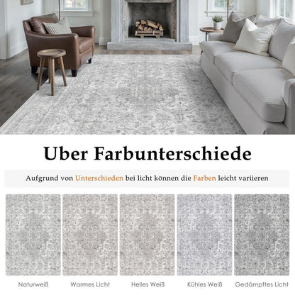 Grauer Wohnzimmerteppich 300x400cm – Waschbar & Vintage Kurzflor