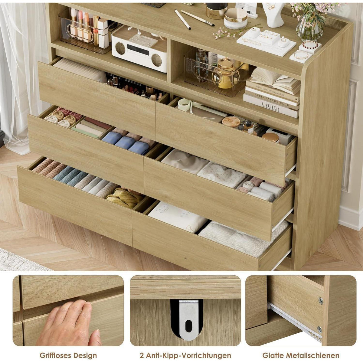 Kommode 6 Schubladen Eiche 120cm - Sideboard für Schlafzimmer