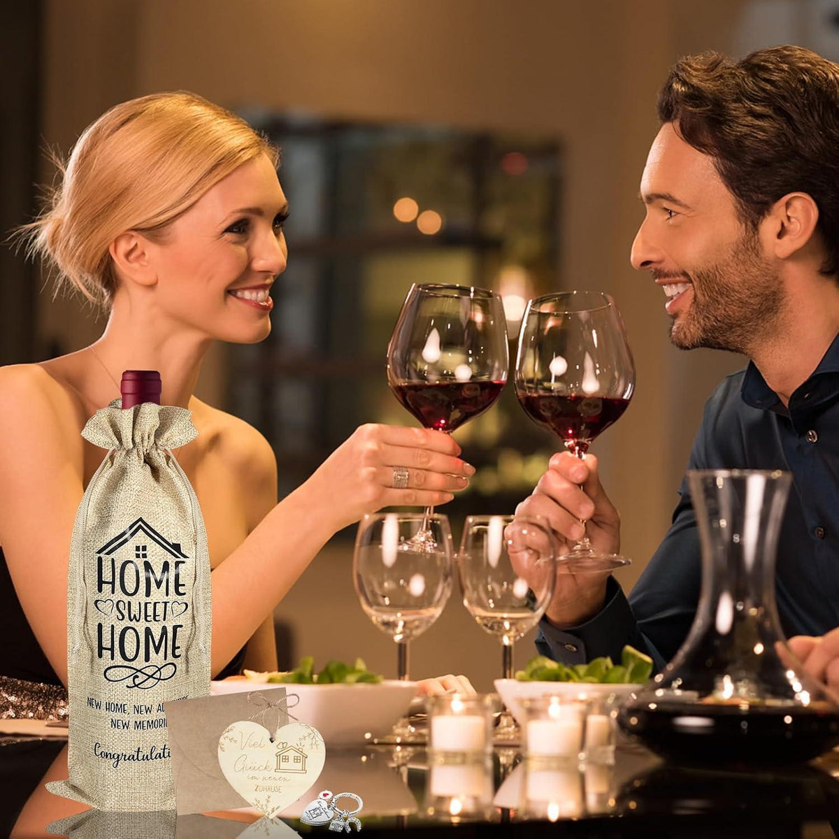 Einzugsgeschenk Set: Weinbeutel, Schlüsselanhänger & Glücksbringer