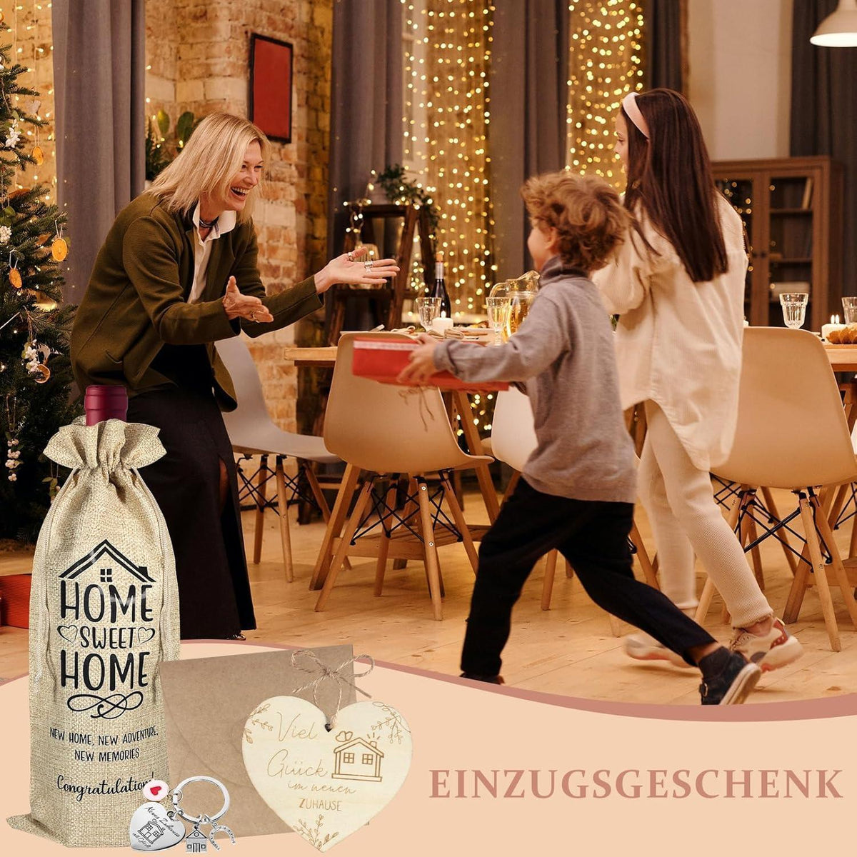 Einzugsgeschenk Set: Weinbeutel, Schlüsselanhänger & Glücksbringer
