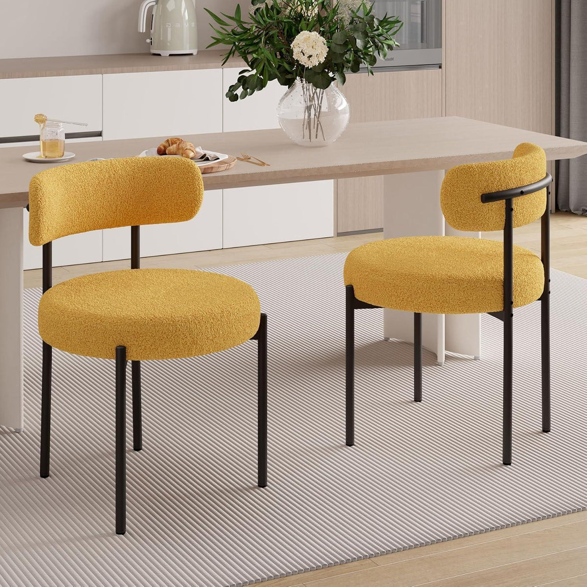 6 Esszimmerstühle Bouclé Stoff Creme Weiß Mid-Century Design