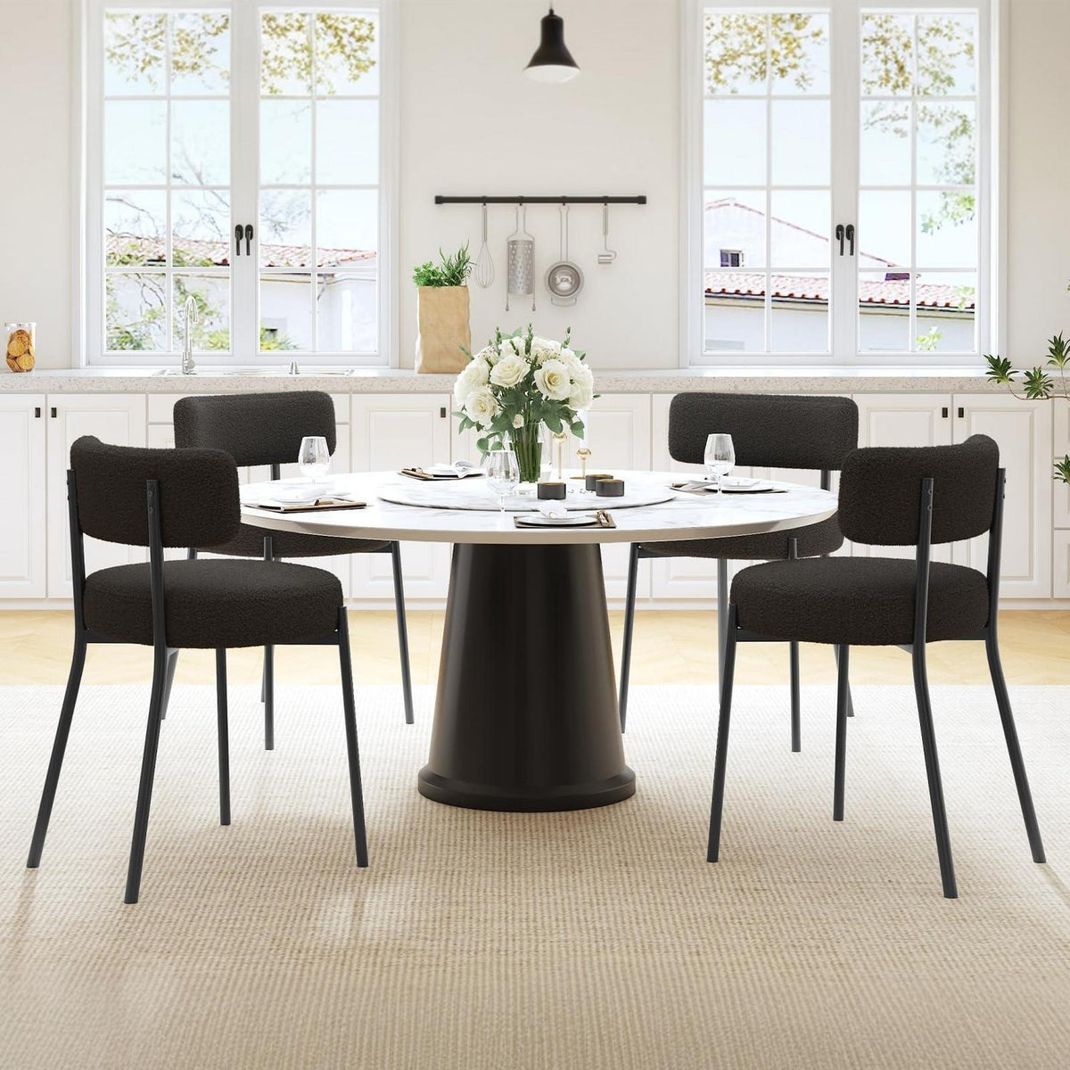 Esszimmerstühle 4er Set mit Teddy Boucle Stoff & Metallbeinen Schwarz