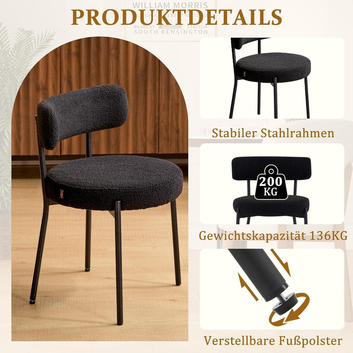 Esszimmerstühle 4er Set mit Teddy Boucle Stoff & Metallbeinen Schwarz