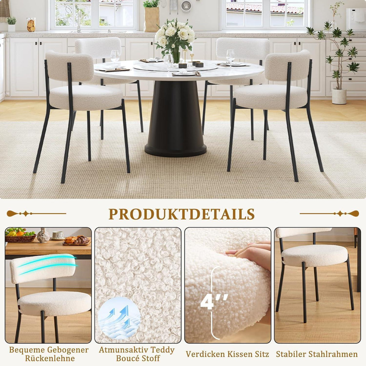 Esszimmerstühle 6er Set mit Boucle Stoff & Metallbeinen Weiß