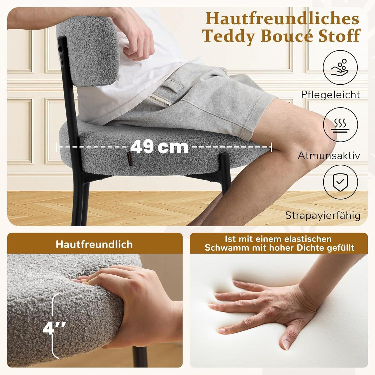 Esszimmerstühle Set 4 – Bequeme Bouclé Stühle Grau