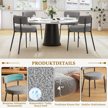 Esszimmerstühle 6er Set mit Boucle Stoff & Metallbeinen Grau