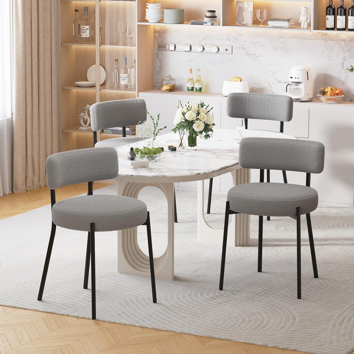 Esszimmerstühle 6er Set mit Boucle Stoff & Metallbeinen Grau