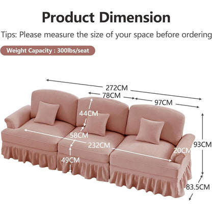 3-Sitzer Sofa Mittelalter-Modern Rosa mit Rüschenschürze & Kissen