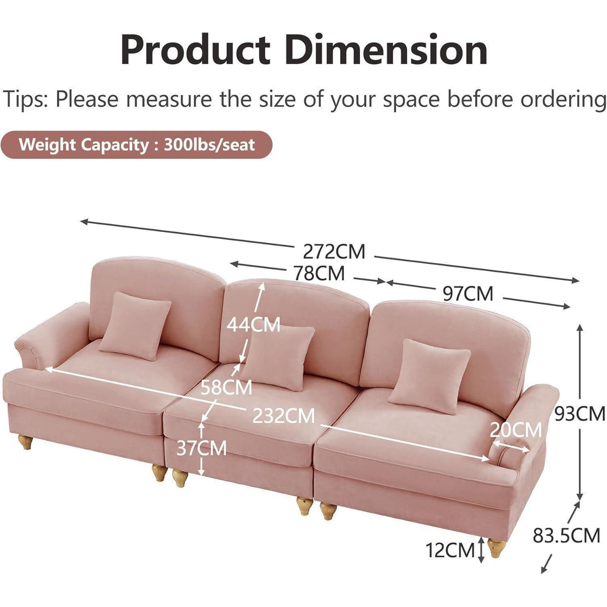 3-Sitzer Sofa Mittelalter-Modern Rosa mit Rüschenschürze & Kissen
