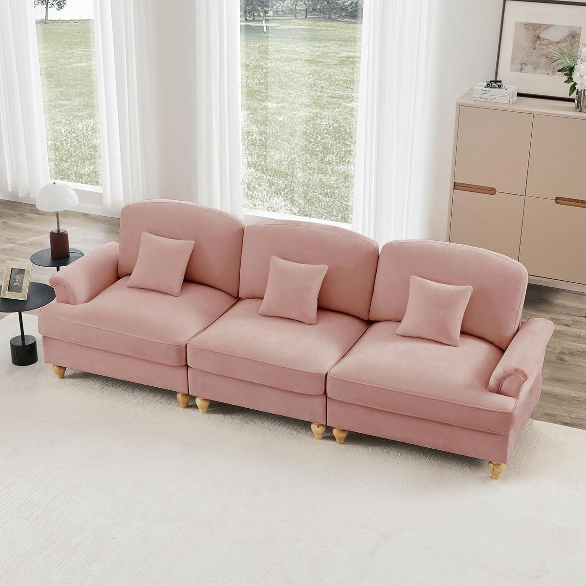 3-Sitzer Sofa Mittelalter-Modern Rosa mit Rüschenschürze & Kissen