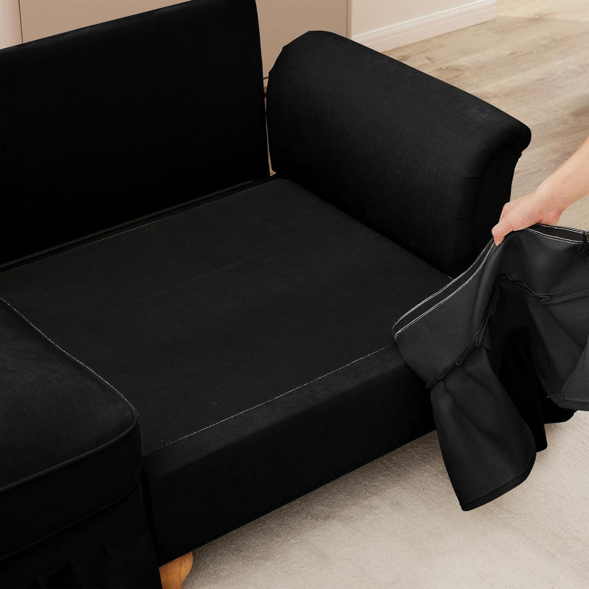3-Sitzer Sofa Mittelalter-Modern | Abnehmbare Rüschenschürze & Kissen | Schwarz