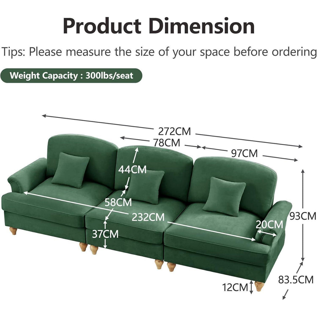 Modulares Sofa 3-Sitzer & 2-Sitzer mit Rüschenschürze, Grün