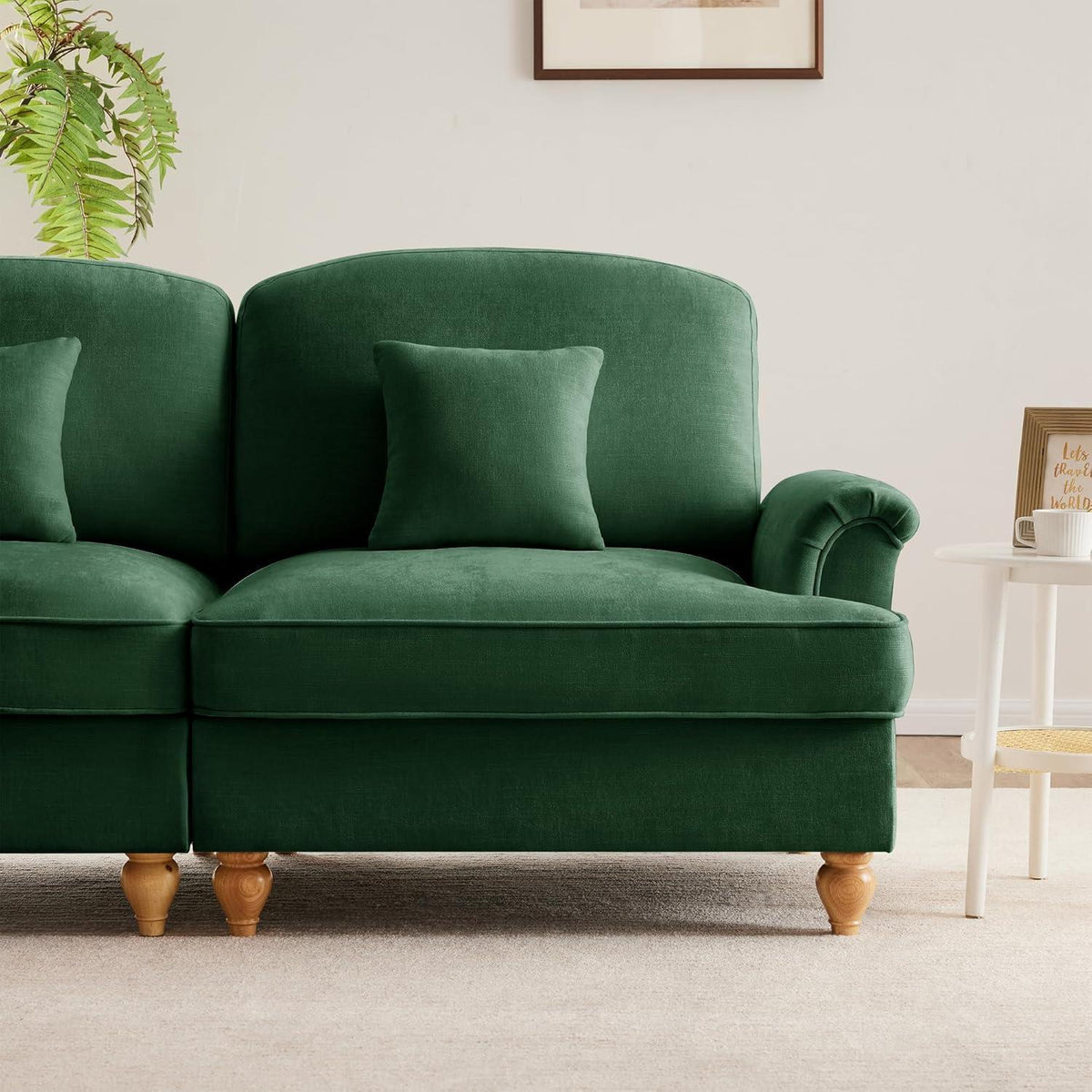 3-Sitzer Sofa Mittelalter-Modern, Grün mit Rüschenschürze & Kissen