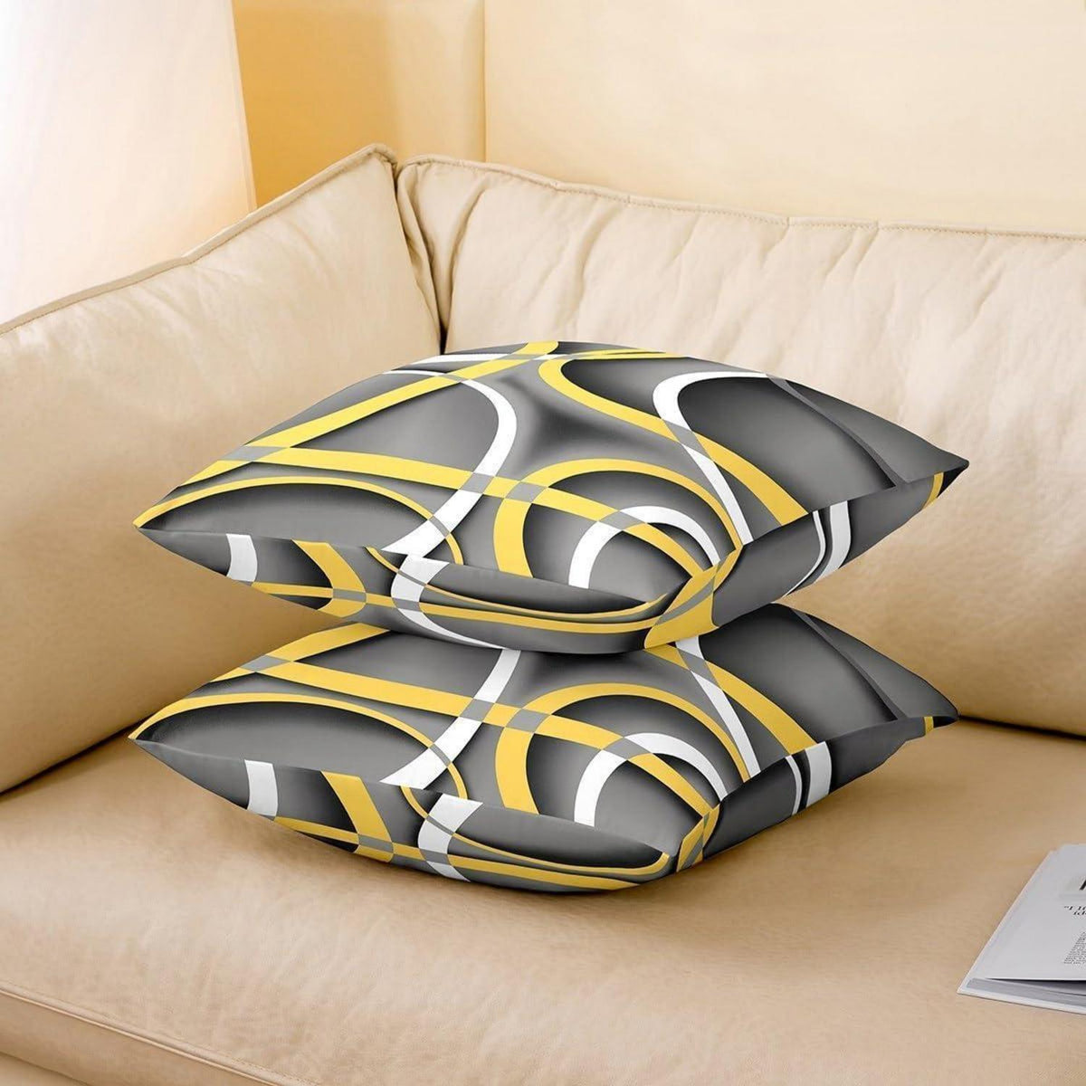 Moderne Kissenbezüge Set 2x 60x60cm Geometrisch Gelb Grau