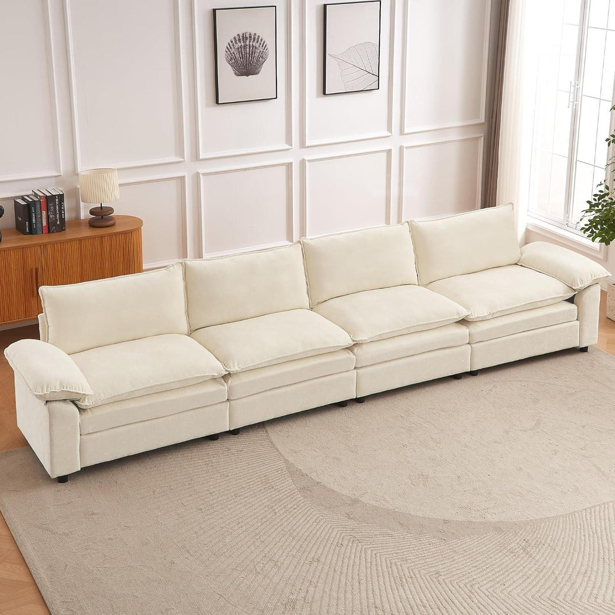 JIEXI Ecksofa mit Schlaffunktion – Beige, 4-Sitzer