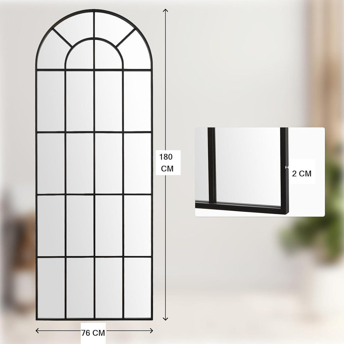 Gewölbter Wandspiegel Schwarz 76x180cm – Fenster Design