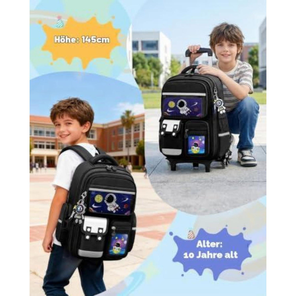Schulranzen mit Rollen & Reflektoren für Jungen, Schwarz – Astronaut Design