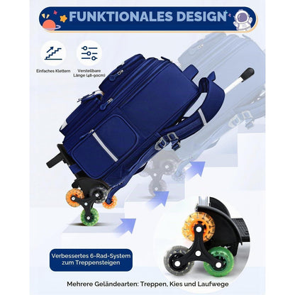 Schulranzen mit Rollen & Reflektoren, Blau – Astronaut Design für Jungen