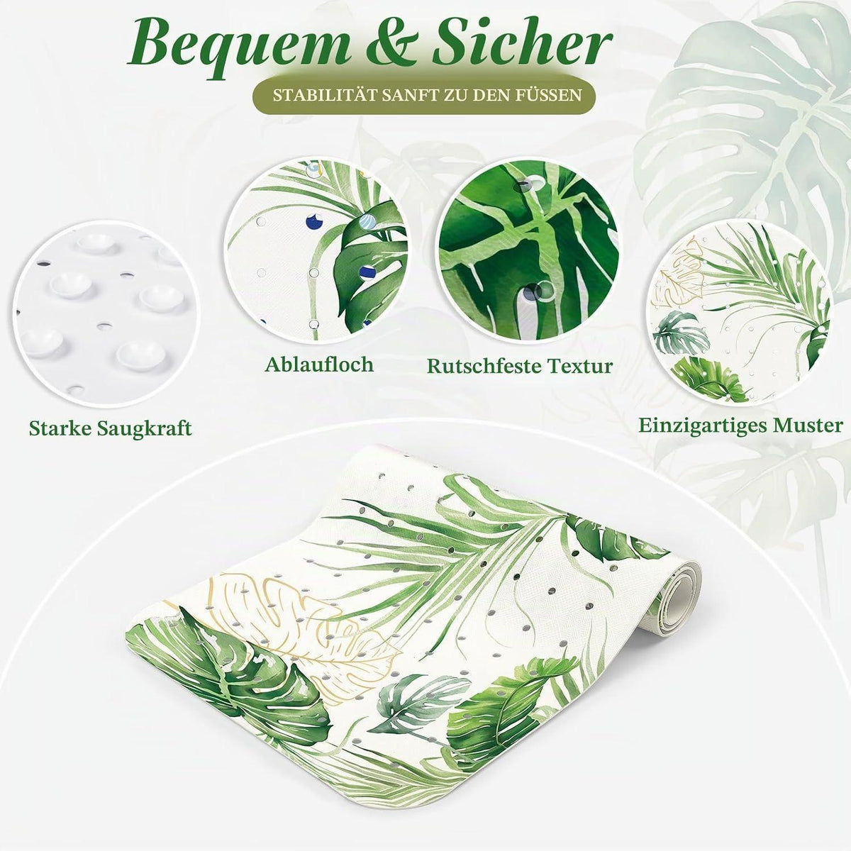 Rutschfeste Badewannenmatte mit Blättermotiv – 100 x 40 cm