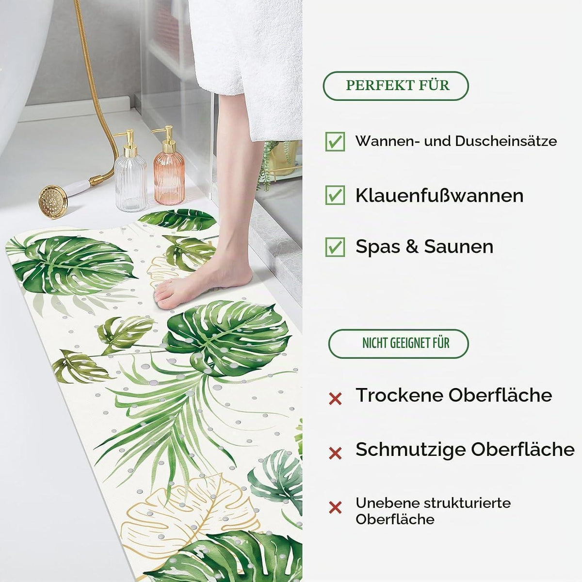 Rutschfeste Badewannenmatte mit Blättermotiv – 100 x 40 cm