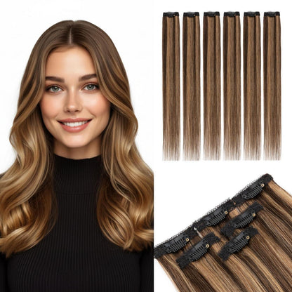 Clip-In Haarverlängerung Echthaar Dunkel Braun/Hellbraun 40cm