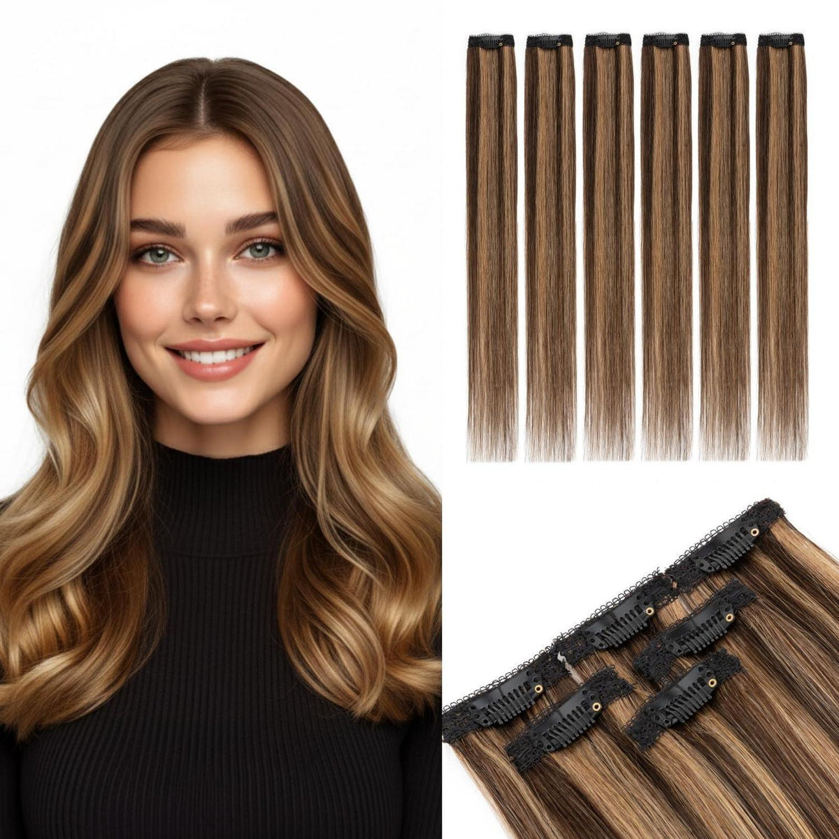 Clip-In Haarverlängerung Echthaar Dunkel Braun/Hellbraun 45cm