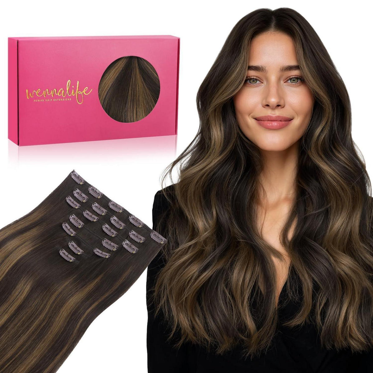 Clip in Echthaarverlängerung Dunkelbraun-Kastanienbraun Balayage