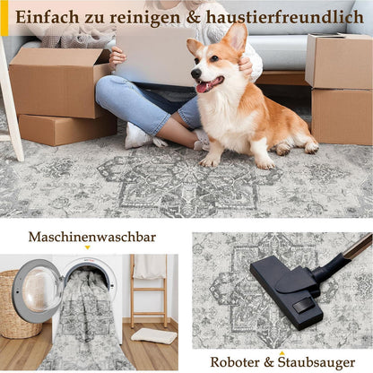 Vintage Teppich Grau 200x300cm Waschbar Rechteckig Wohnzimmer