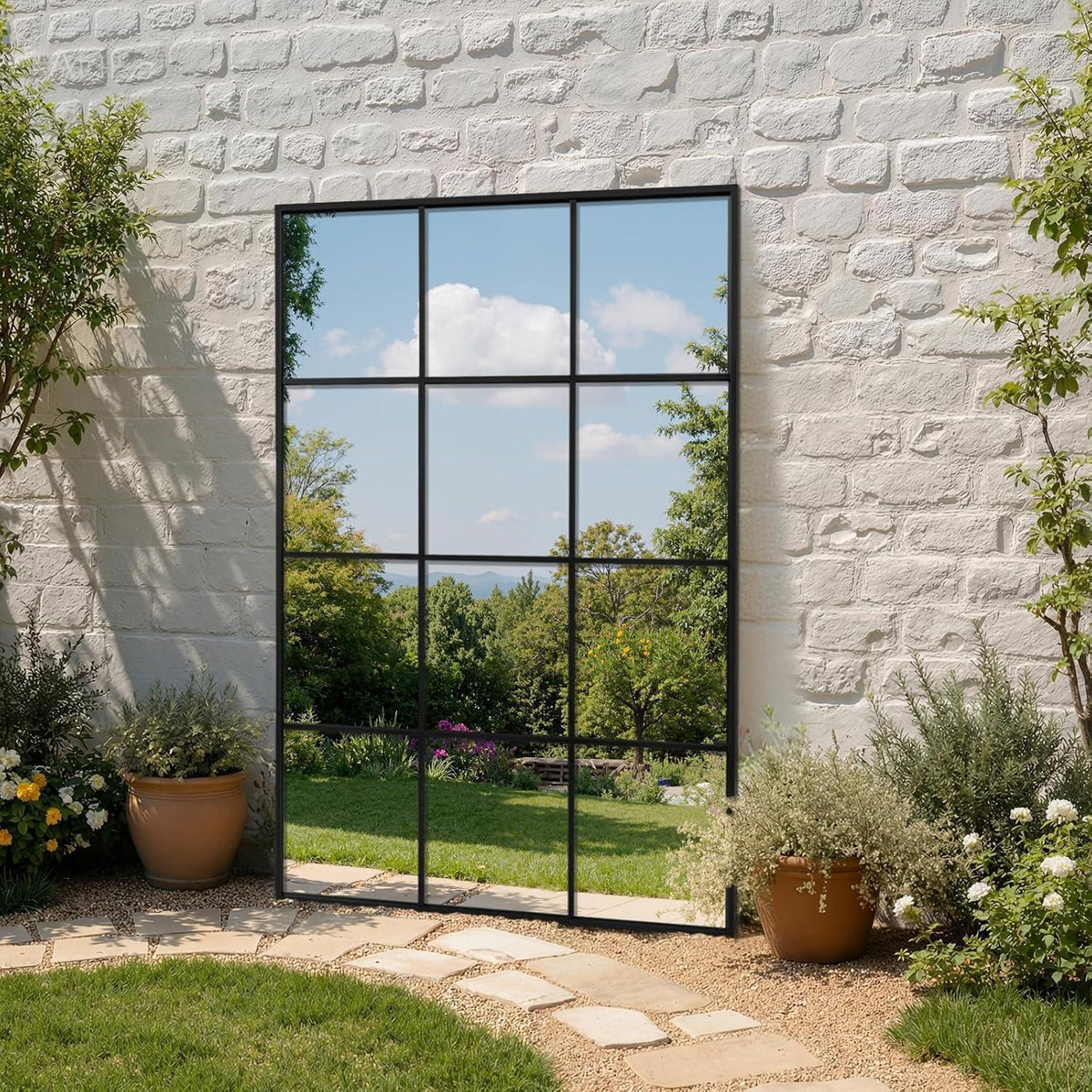 Dekorativer Gartenspiegel 100x75cm – Wandspiegel mit Aluminiumrahmen