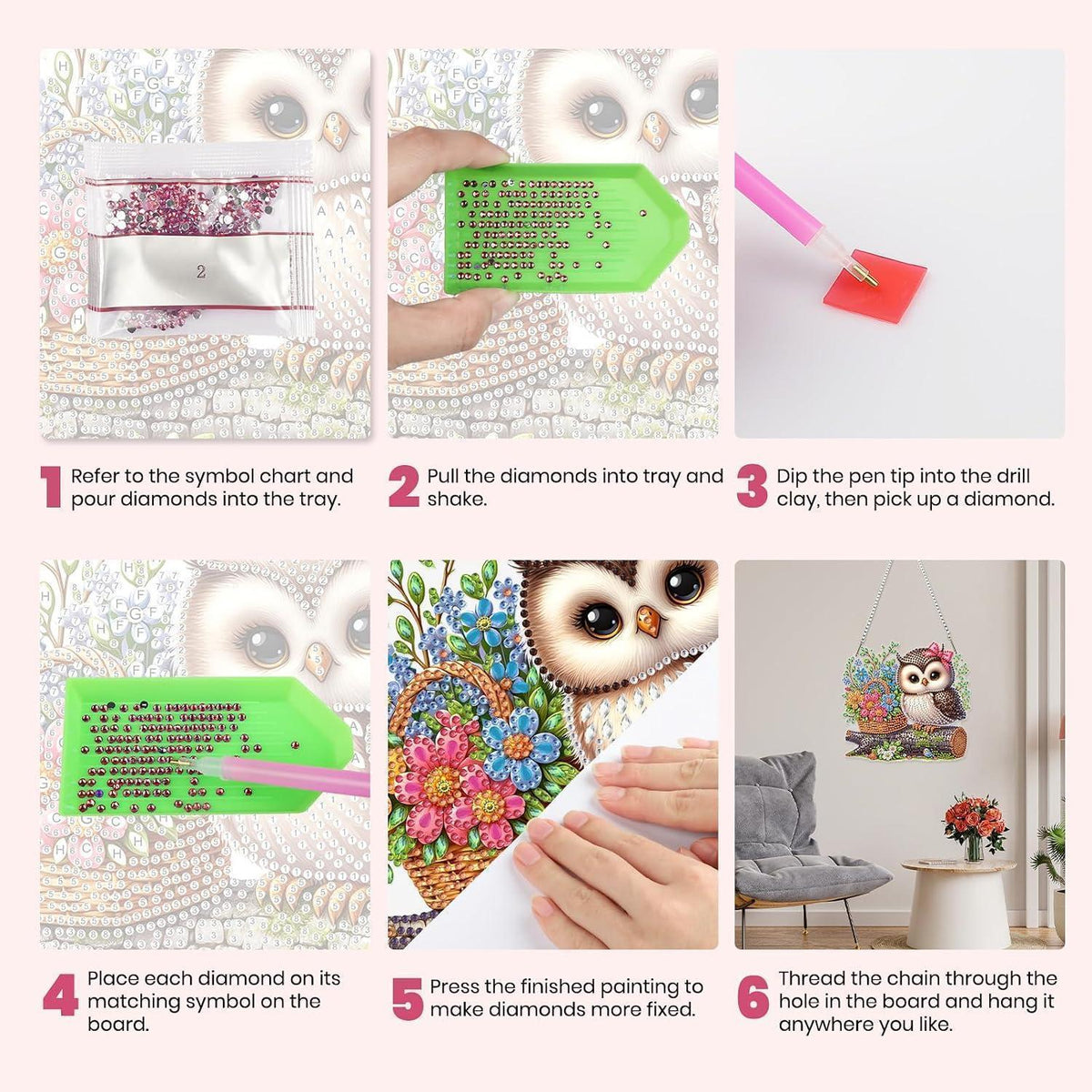 Diamant Painting Eule Anhänger mit Kette – DIY Bastelset